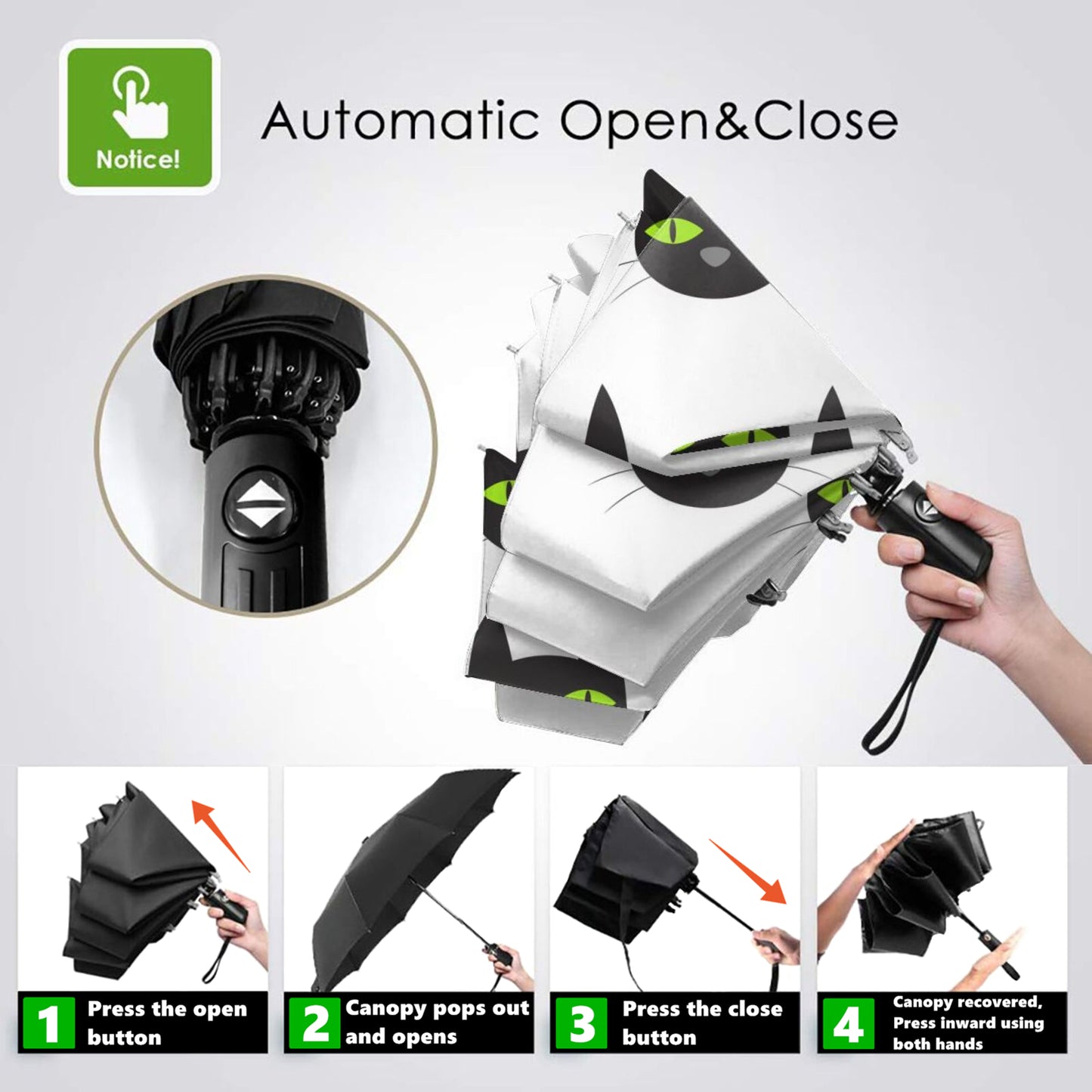 Kleiner automatischer Regenschirm mit Katzenmotiv