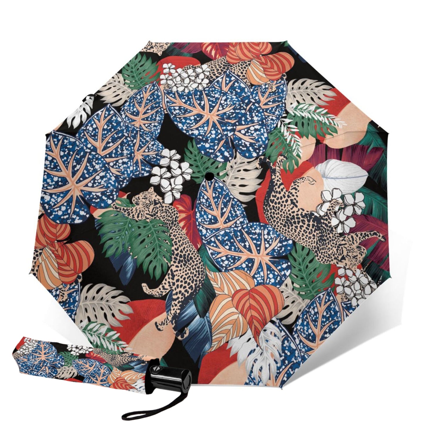 Parapluie pliable UV à motif feuilles et léopard