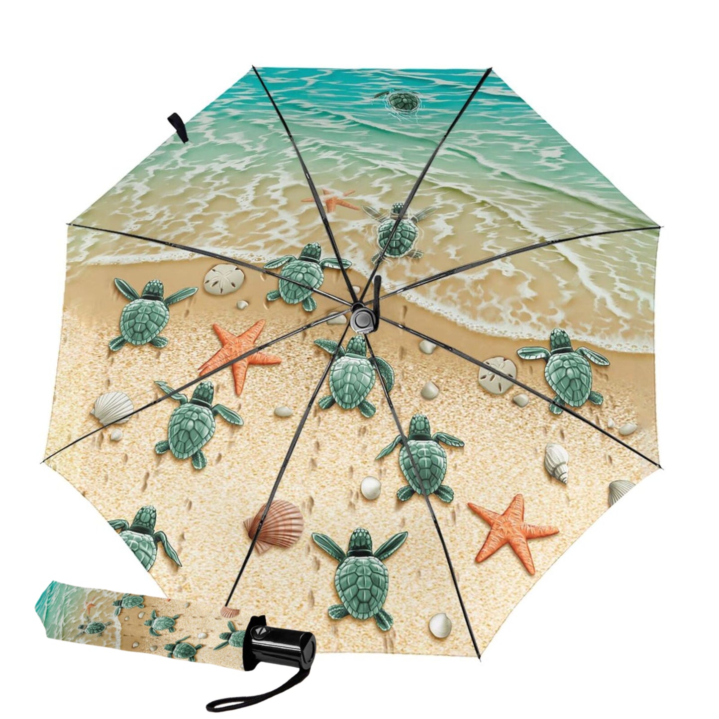 Kompakter Taschenschirm mit kleinem Schildkröten-Design im Inneren