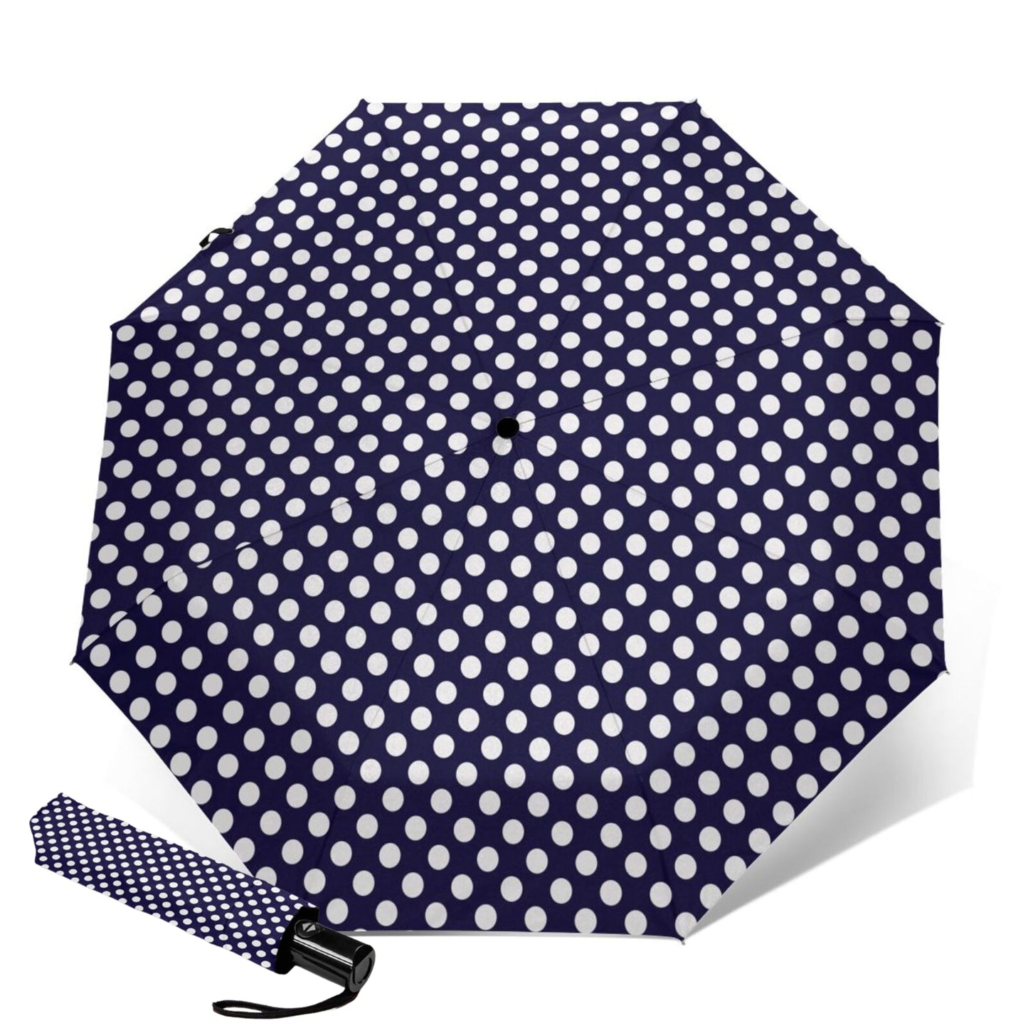 Parapluie compact bleu marine à pois blancs