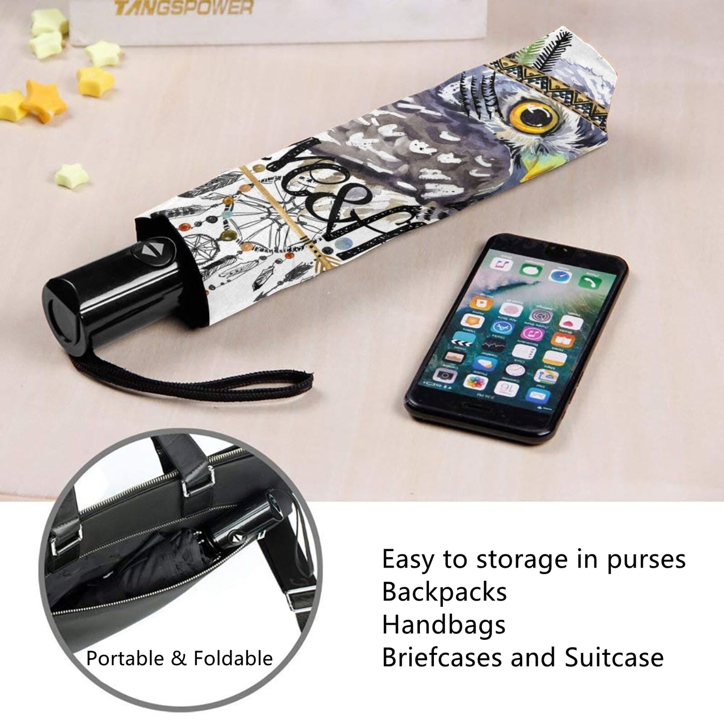 Petit parapluie de voyage avec motif hibou nocturne à l'intérieur