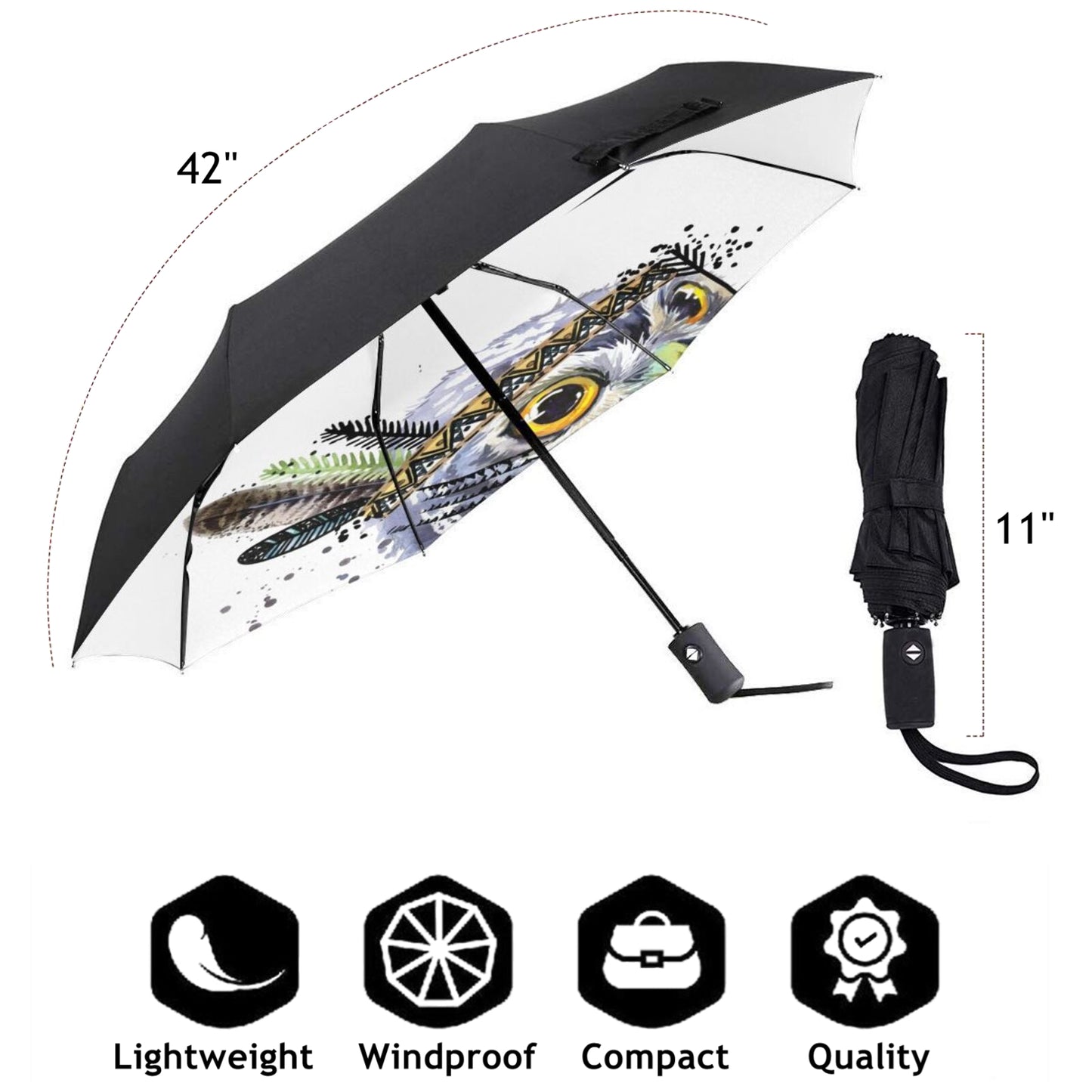 Petit parapluie de voyage avec motif hibou nocturne à l'intérieur