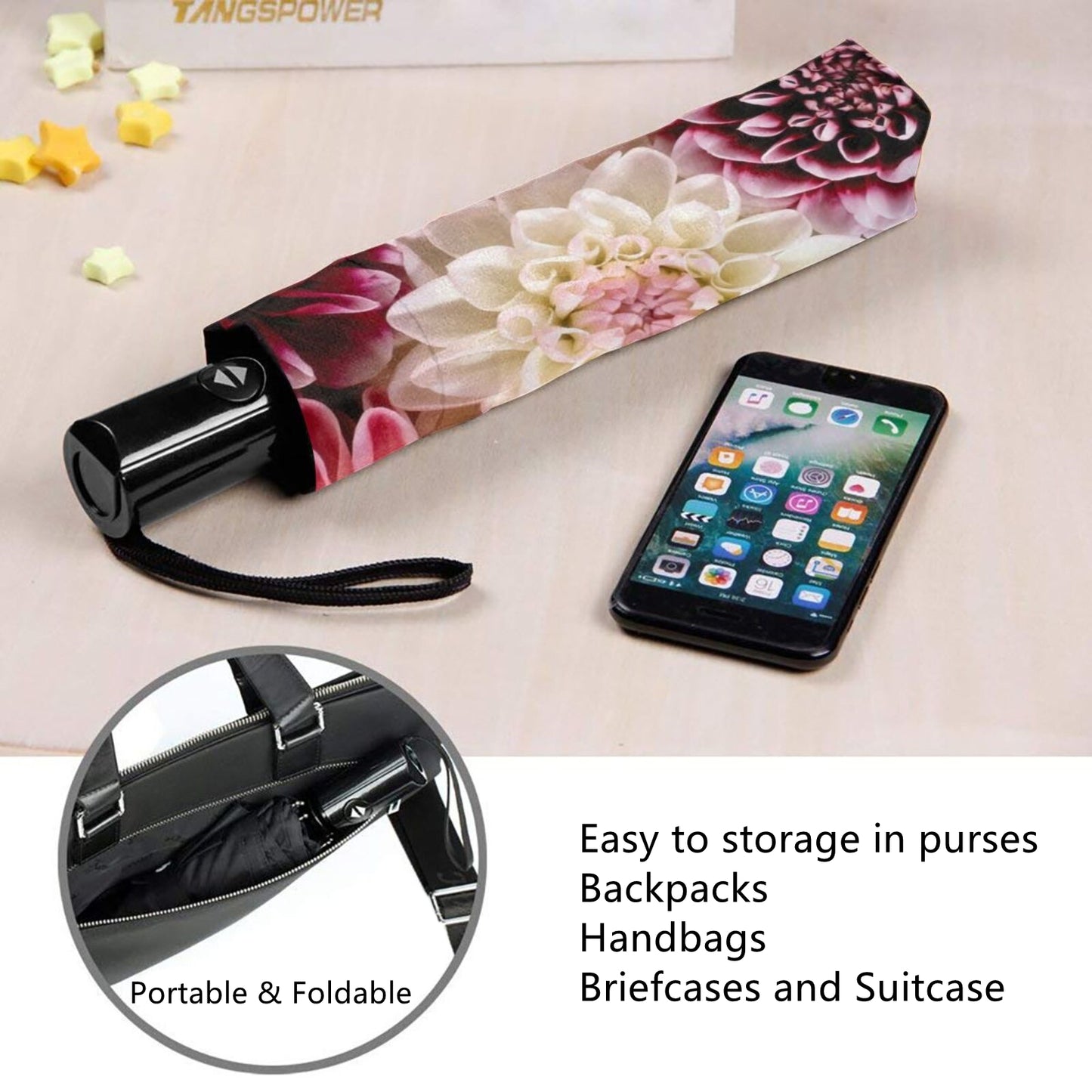 Faltbarer Regenschirm mit Blumenmuster im Inneren