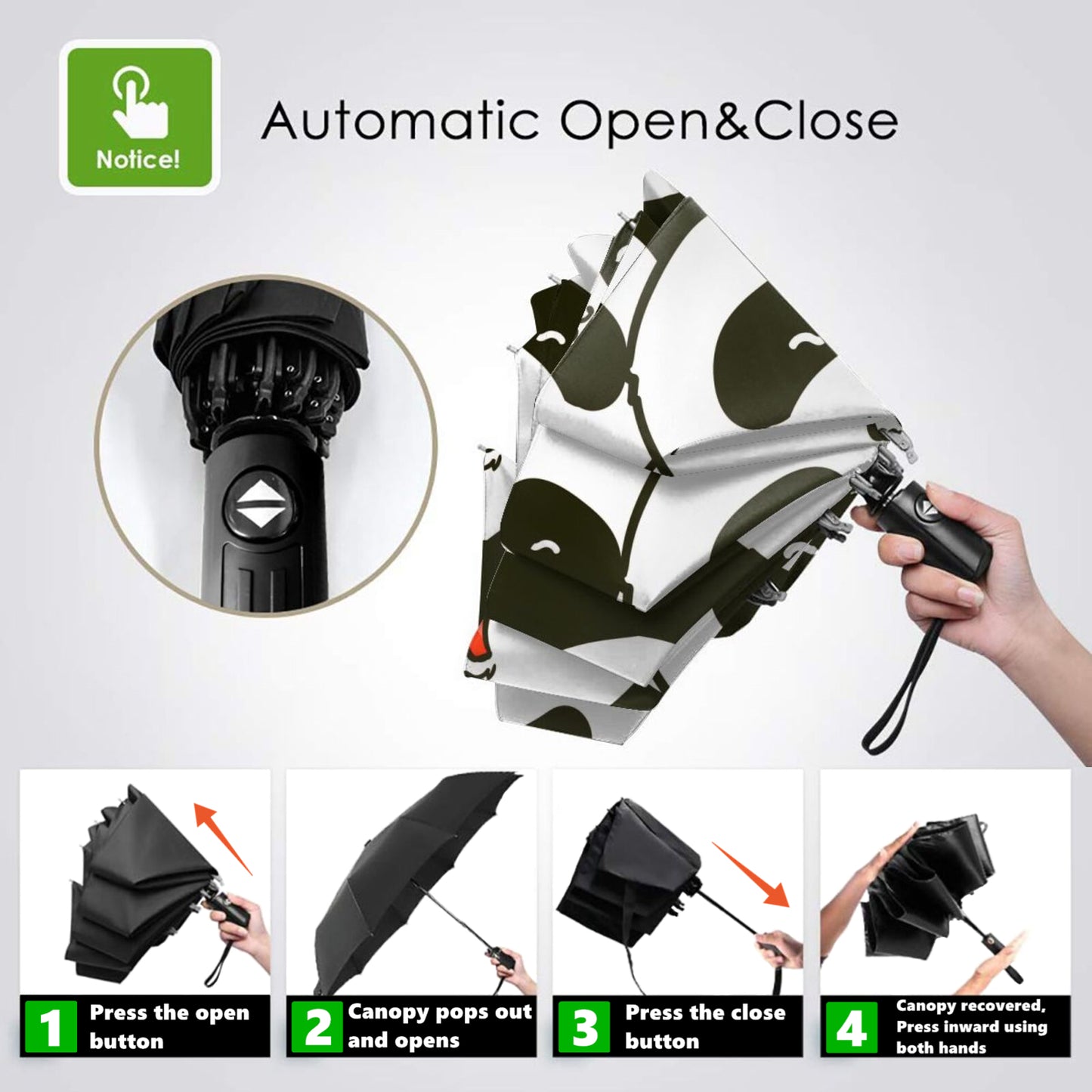 Kleiner Reiseschirm mit Panda-Print auf der Innenseite