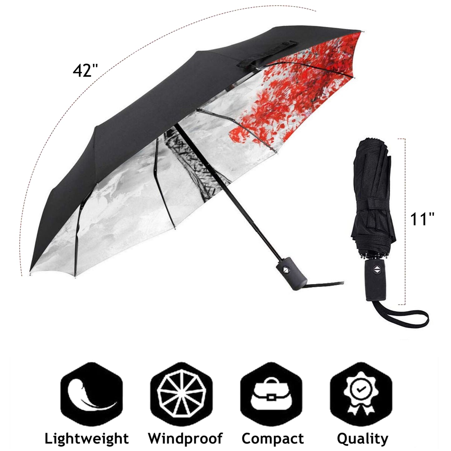 UPF 50+ UV Blocking Small Foldable Umbrella With Eiffel Tower Print Inside