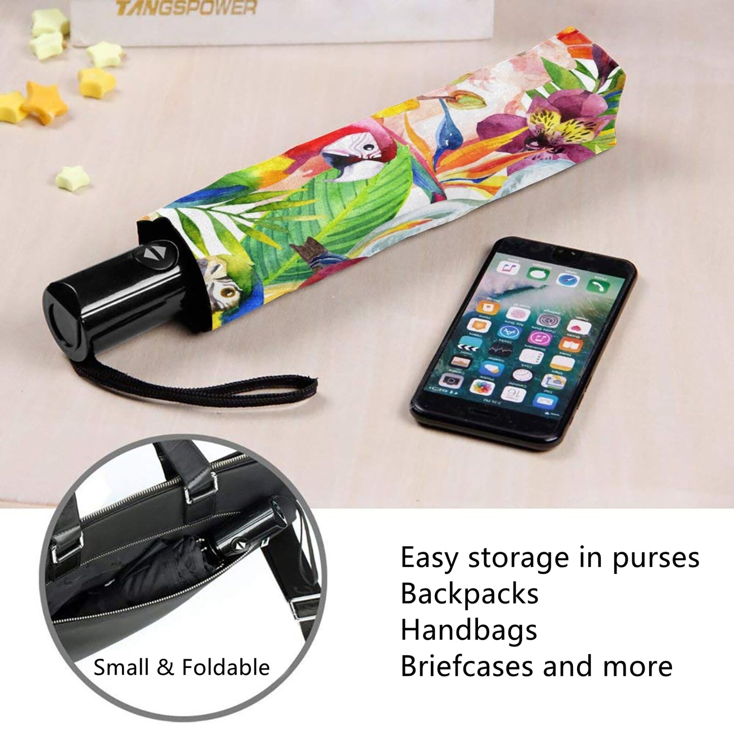 Kleiner faltbarer Regenschirm mit Papageiendruck innen