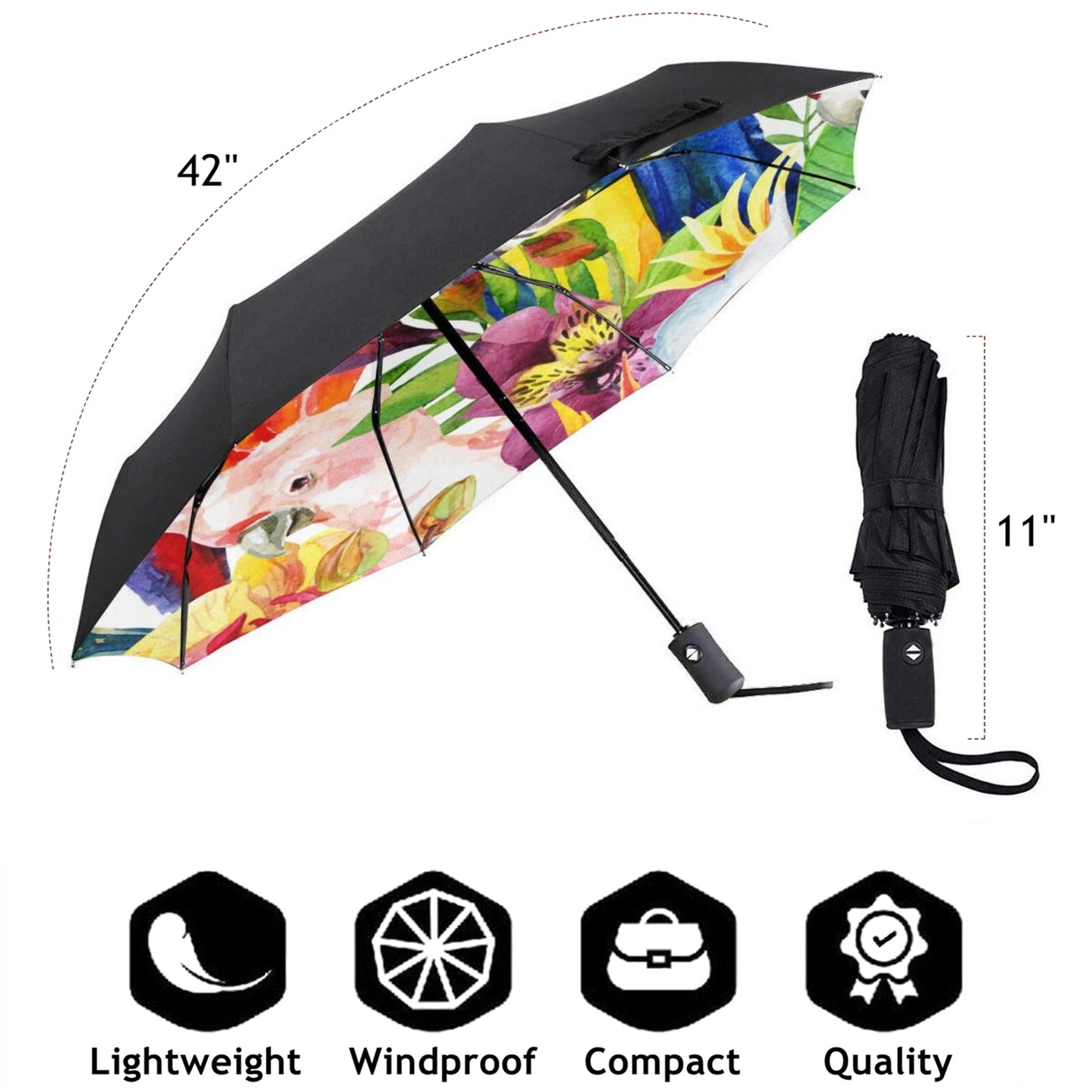 Kleiner faltbarer Regenschirm mit Papageiendruck innen