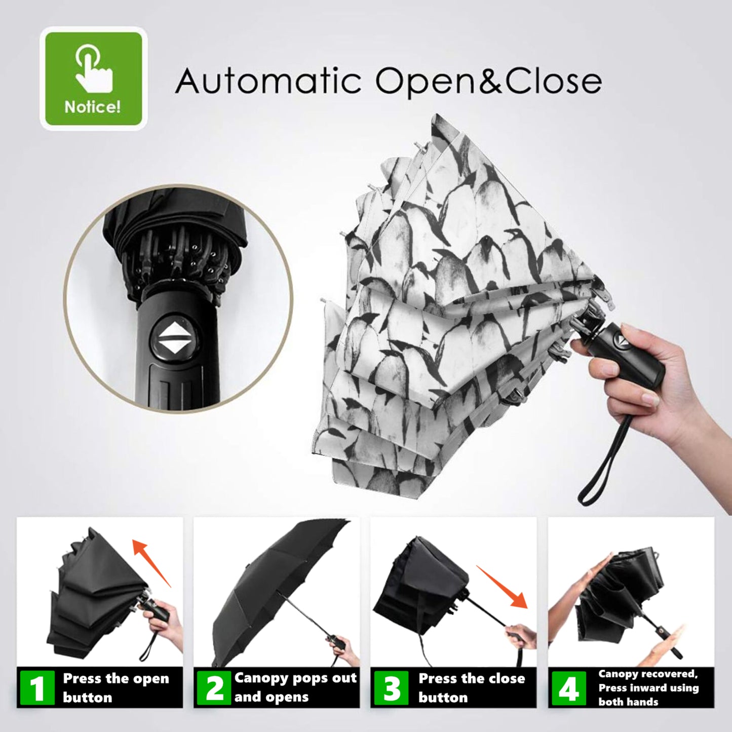 Kleiner Mini-Regenschirm mit Pinguin-Motiv innen