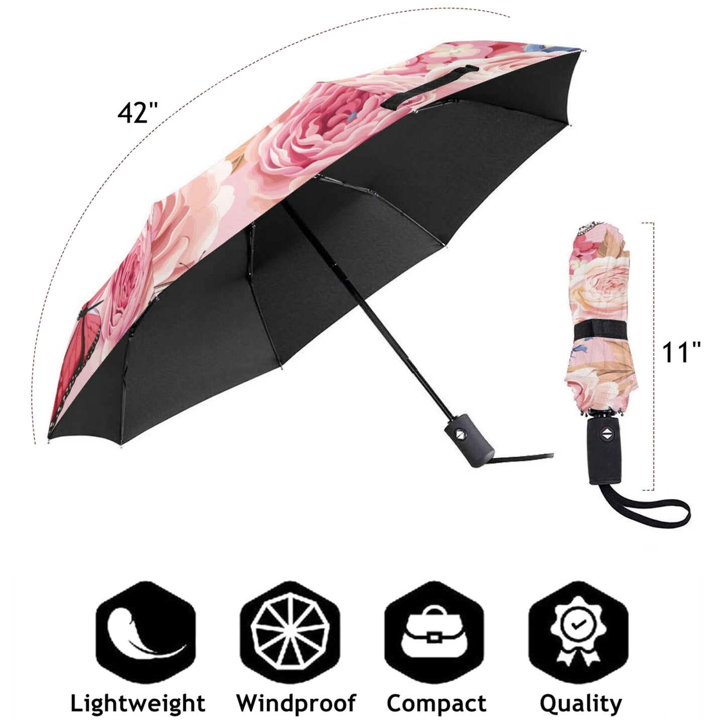 Parapluie compact à fleurs roses pour femme
