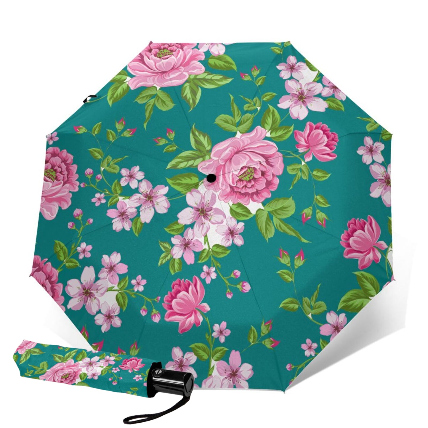 Parapluie de voyage compact à fleurs roses