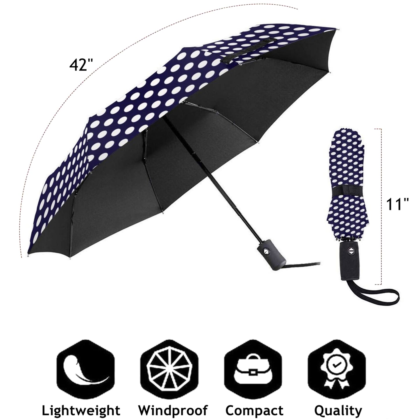 Parapluie compact bleu marine à pois blancs