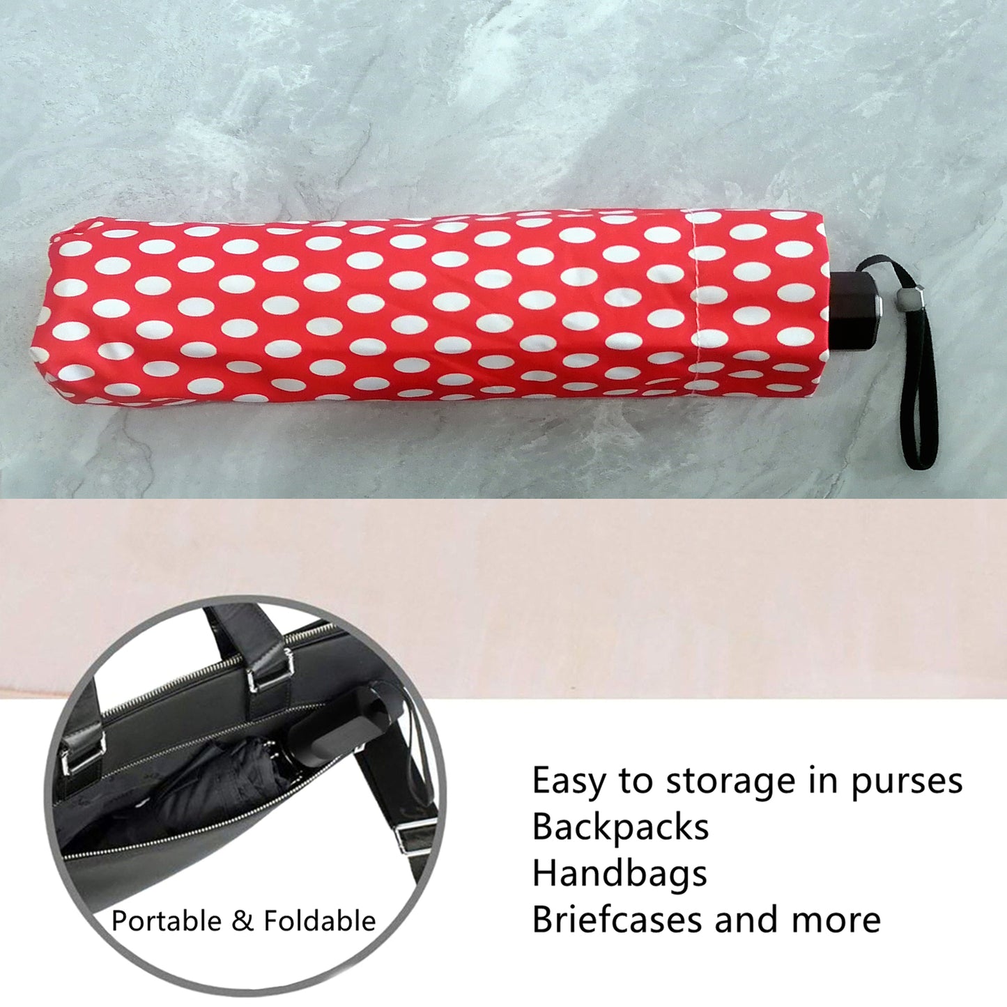 Mini-Regenschirm mit manueller Öffnung und Schließung, mit roten und weißen Punkten