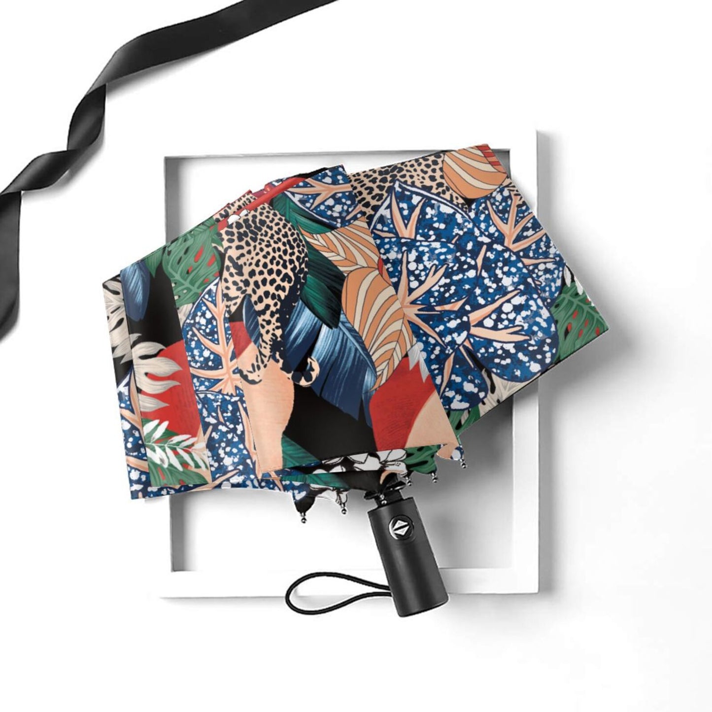Parapluie pliable UV à motif feuilles et léopard