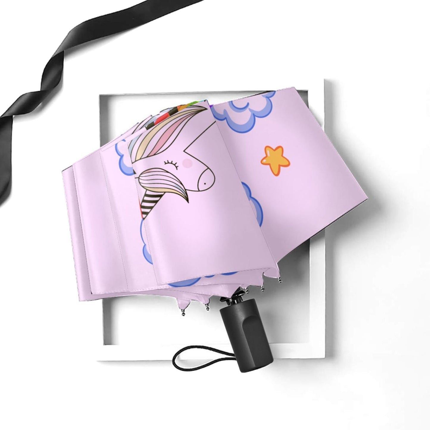 Kompakter Regenschirm mit manueller Öffnung und Regenbogen-Einhorn