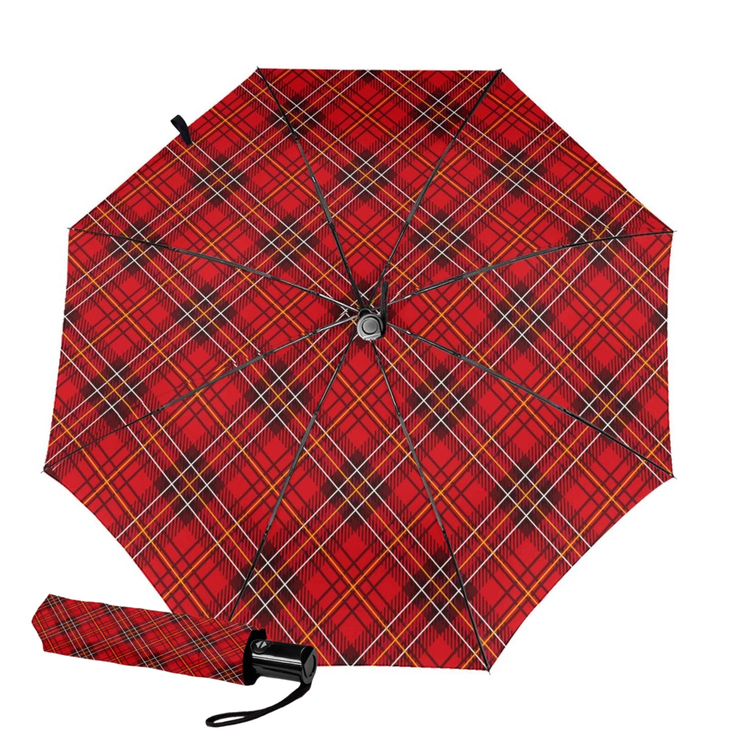 Faltbarer Reiseschirm mit rot kariertem Aufdruck innen