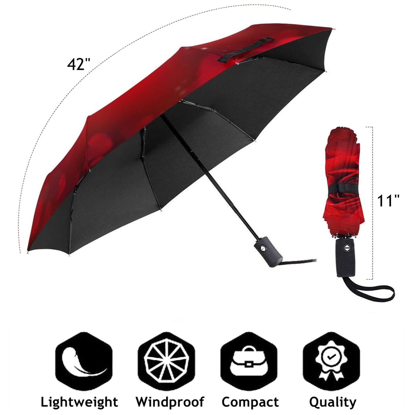Parapluie compact à motif de rose rouge