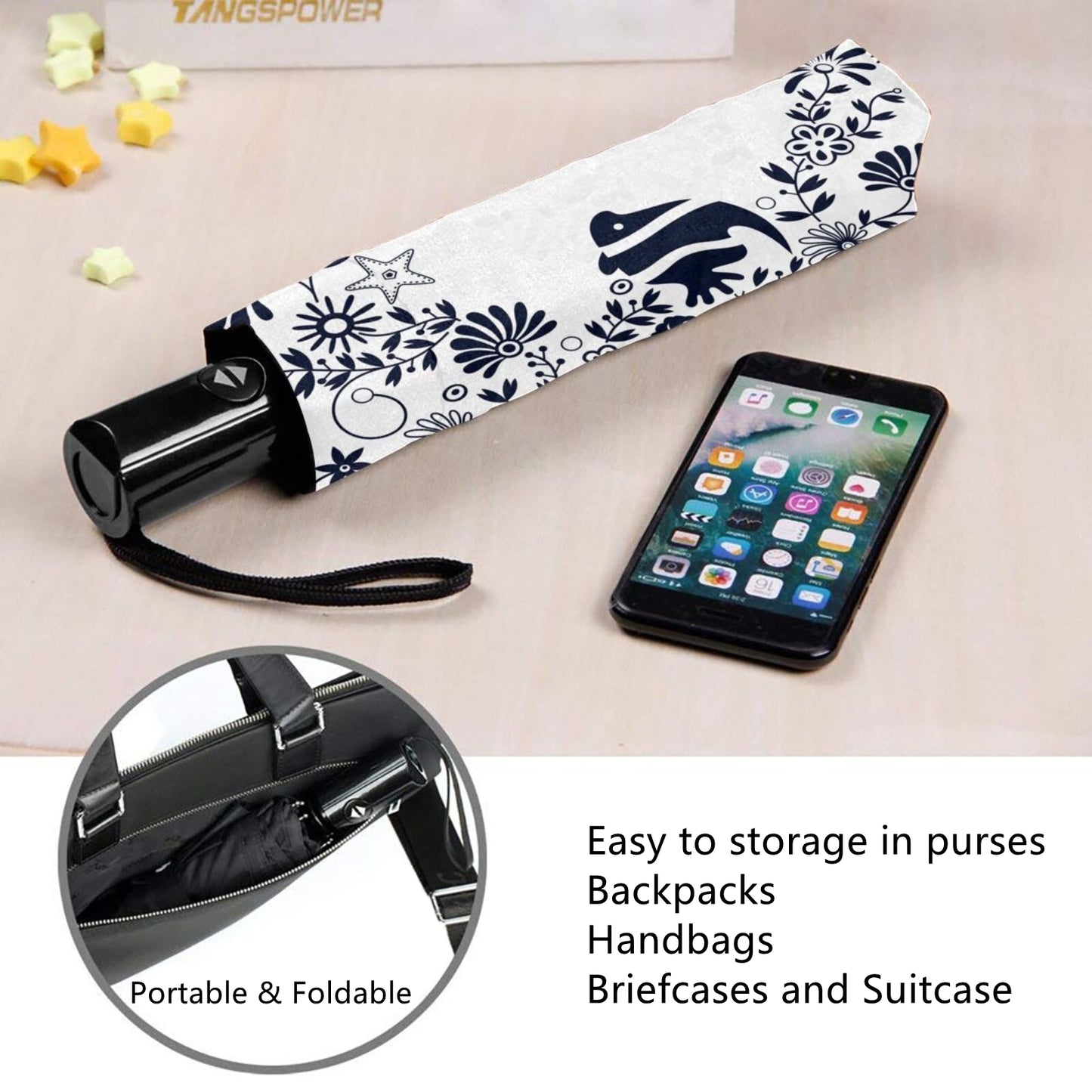 Taschenschirm mit Seetang- und Fischaufdruck innen