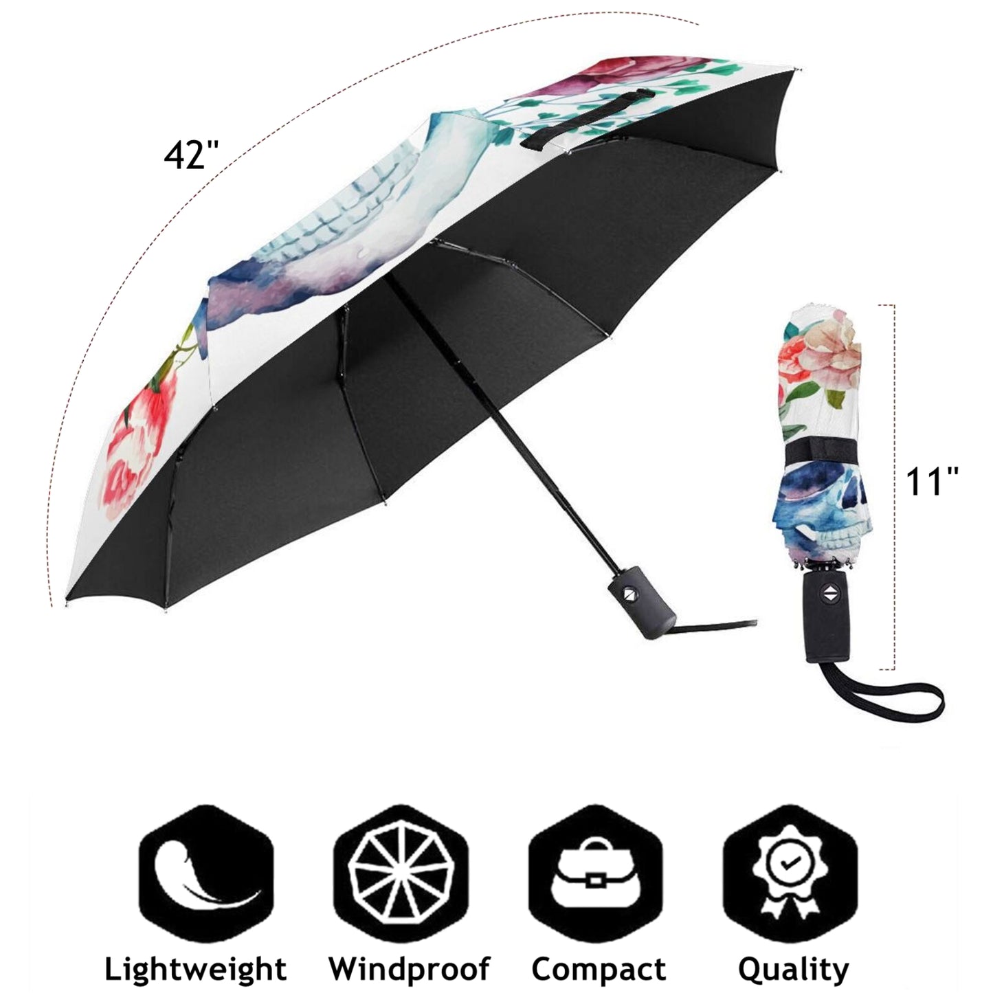 Parapluie pliant crâne avec fleurs