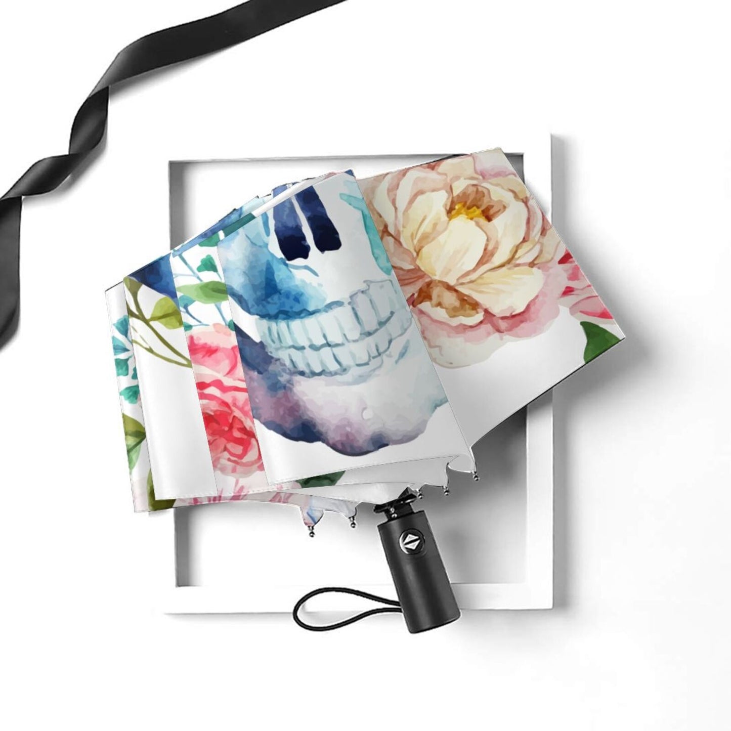 Parapluie pliant crâne avec fleurs