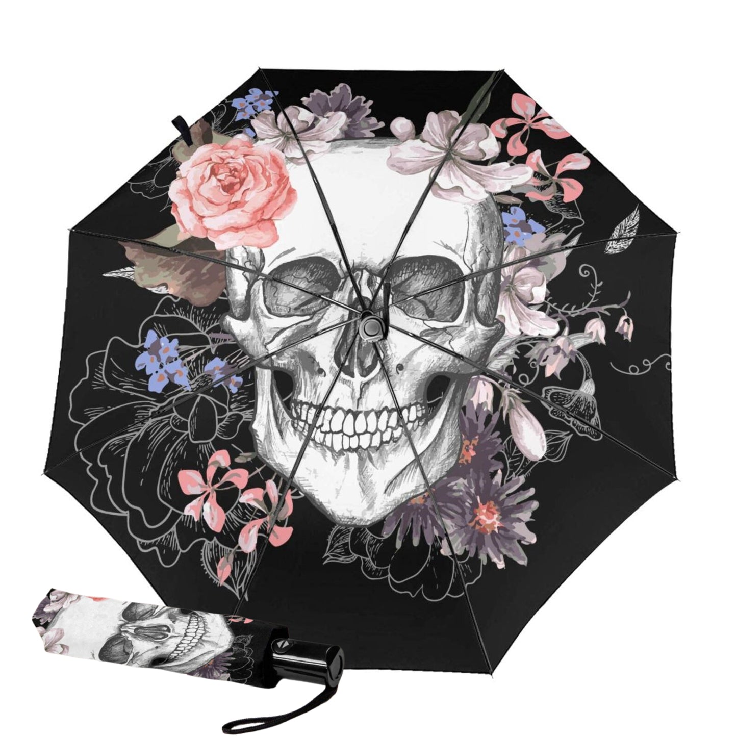 Totenkopf- und Blumen-Design im Inneren des Taschenschirms