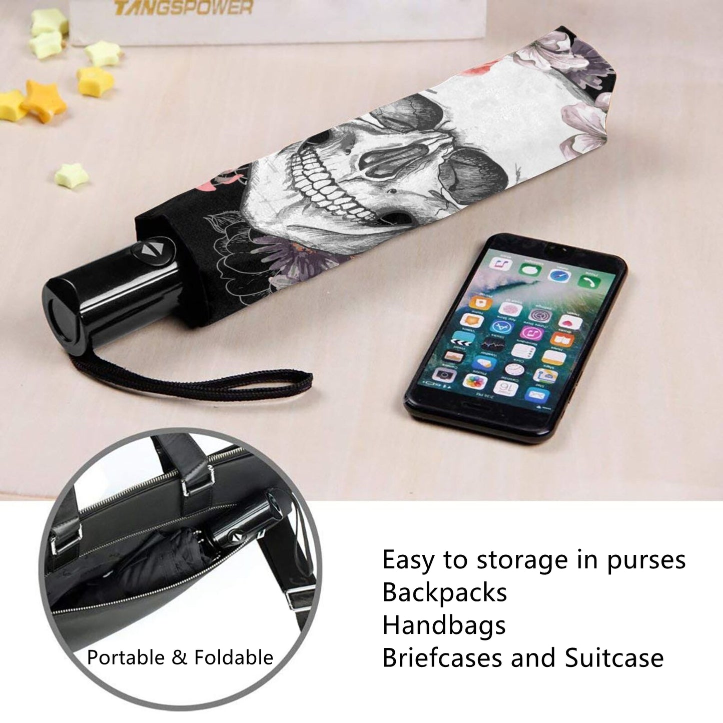 Totenkopf- und Blumen-Design im Inneren des Taschenschirms