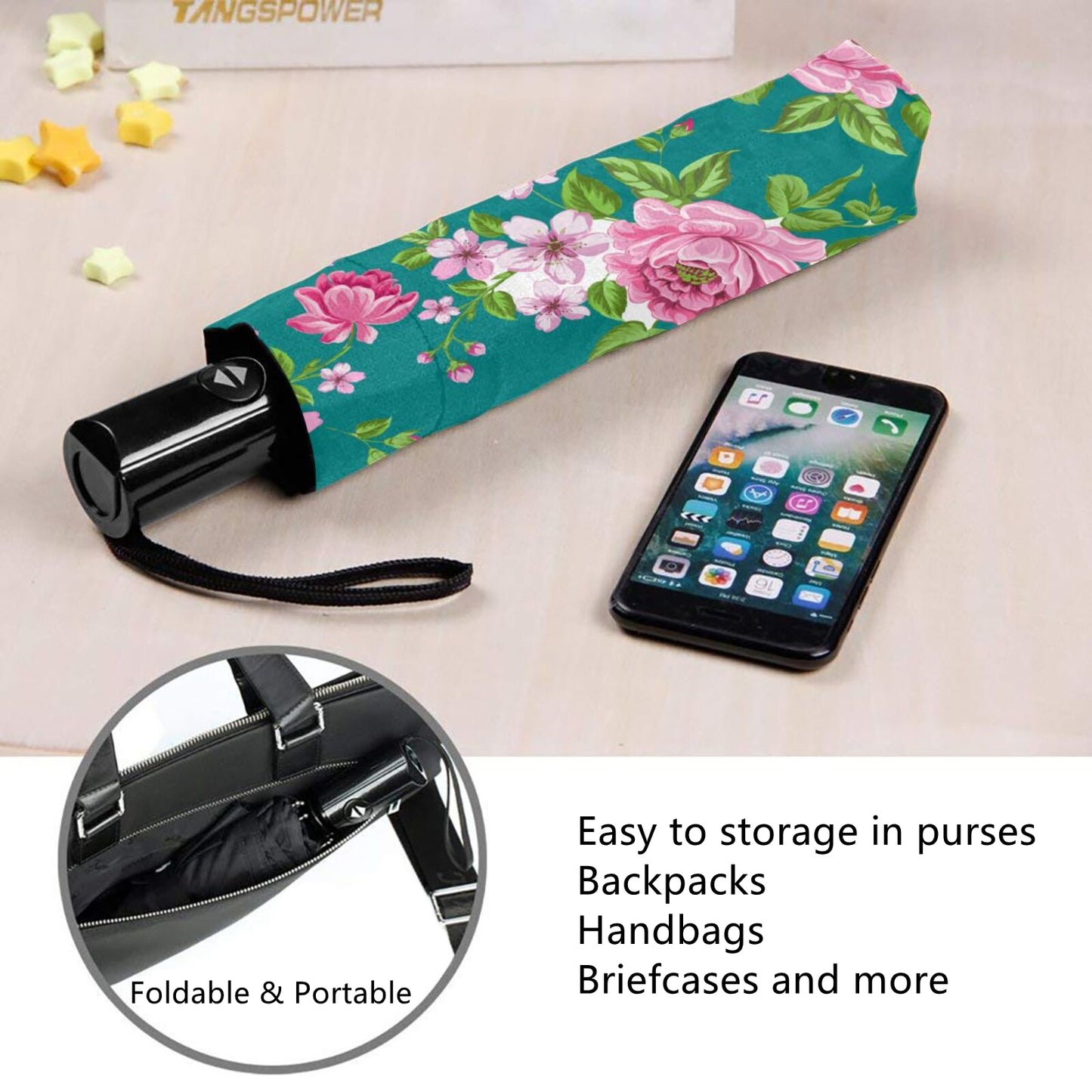 Kleiner automatischer Regenschirm mit rosa Blume im Inneren