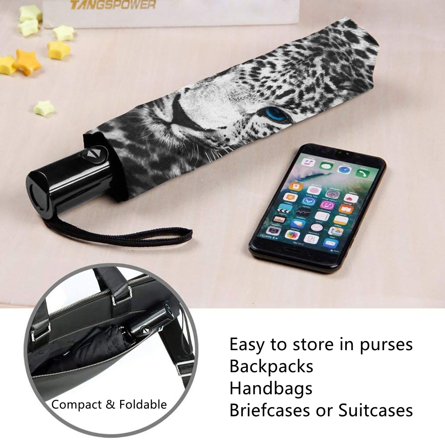 Kleiner Reiseschirm mit Schneeleoparden-Print