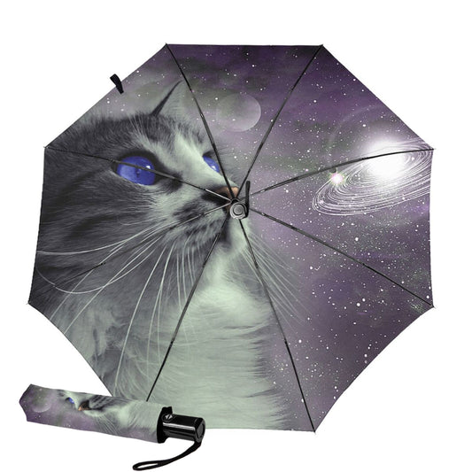 Kleiner faltbarer Regenschirm mit Space Cat-Design innen