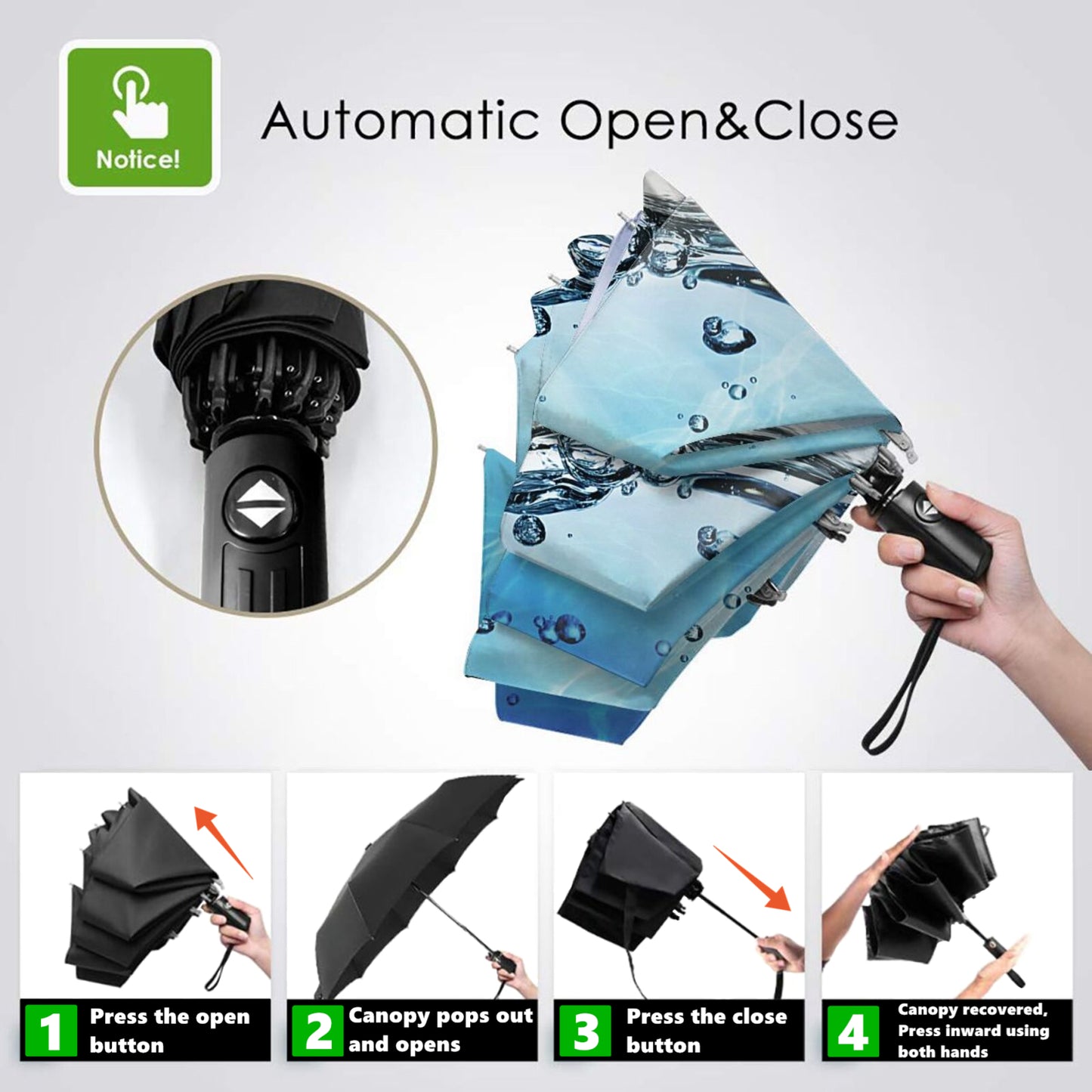 Parapluie pliant avec motif soleil et gouttes d'eau à l'intérieur