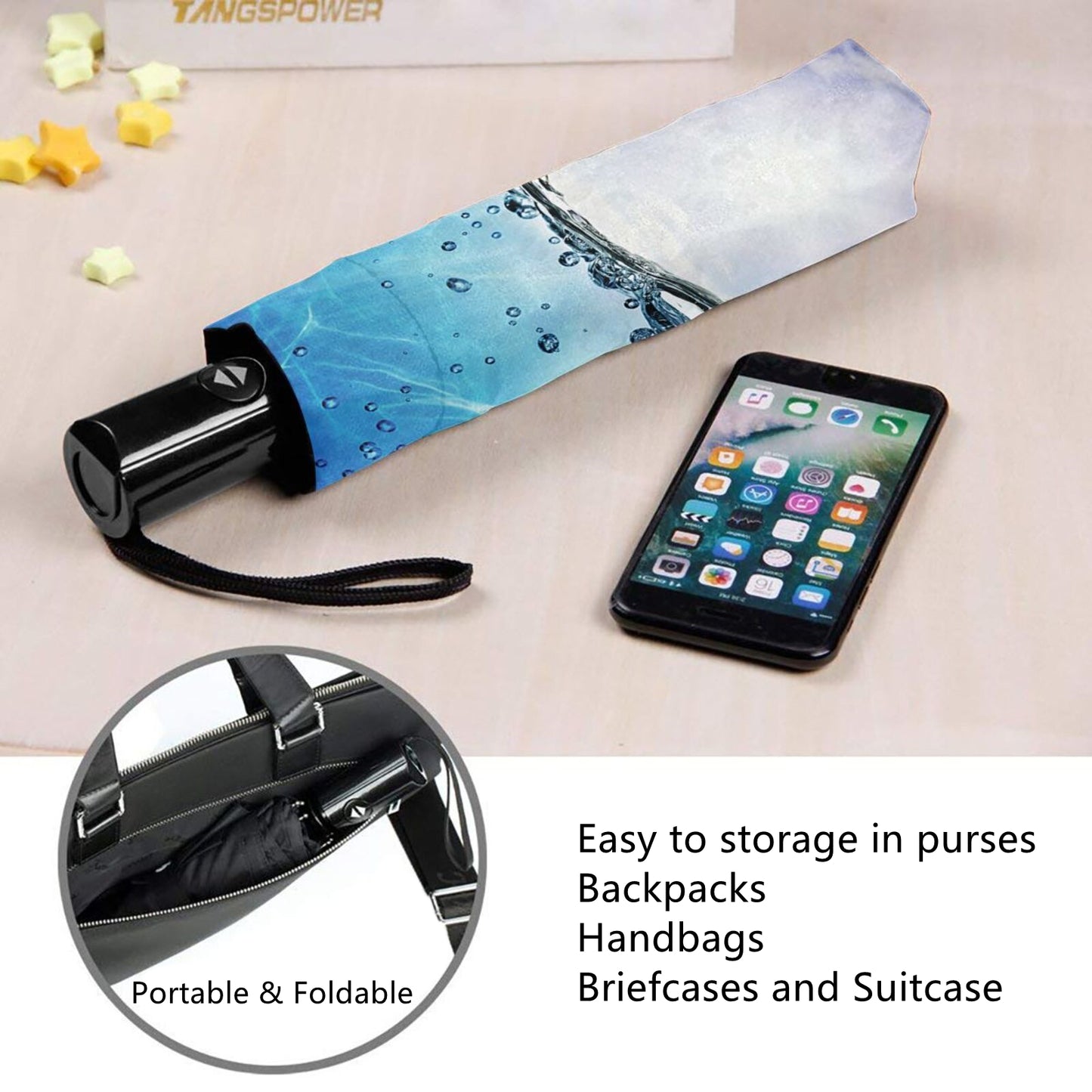 Parapluie pliant avec motif soleil et gouttes d'eau à l'intérieur