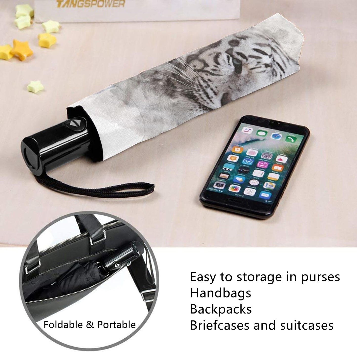 Parapluie de voyage pliable avec motif tigre à l'intérieur