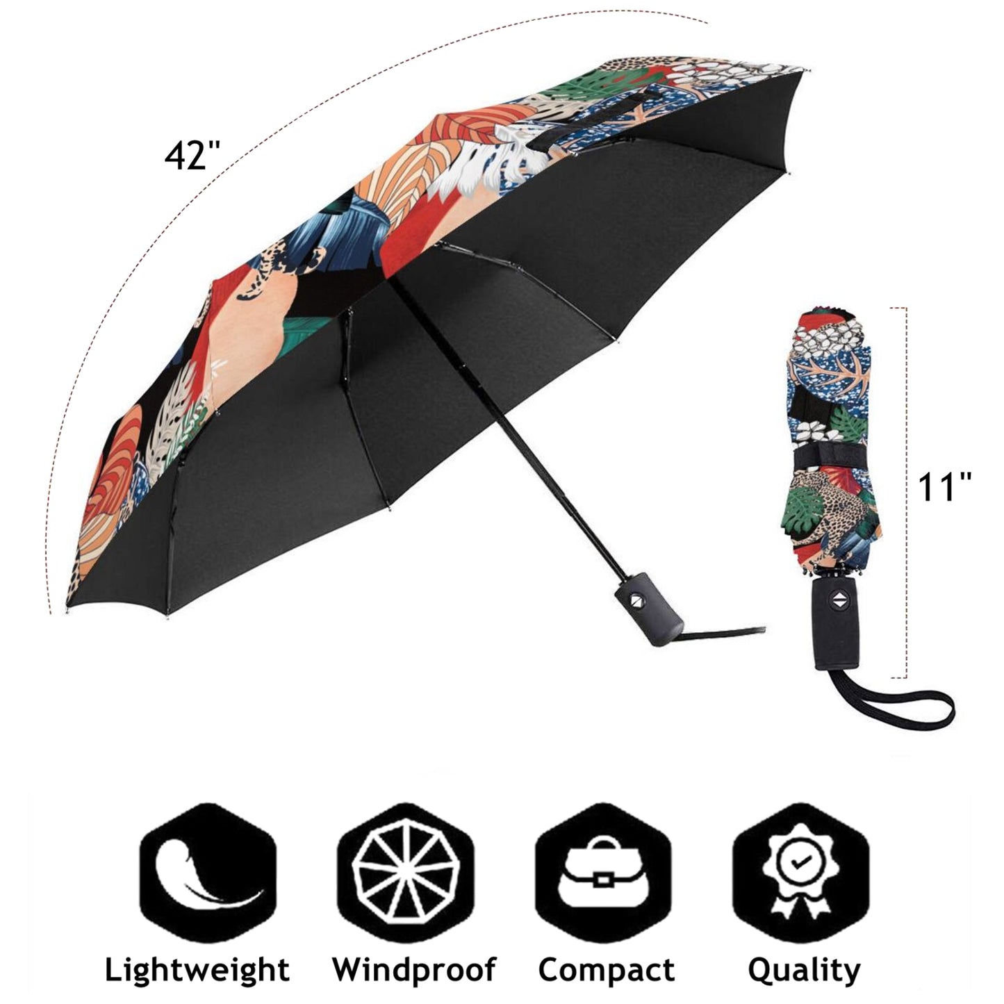 Parapluie pliable UV à motif feuilles et léopard