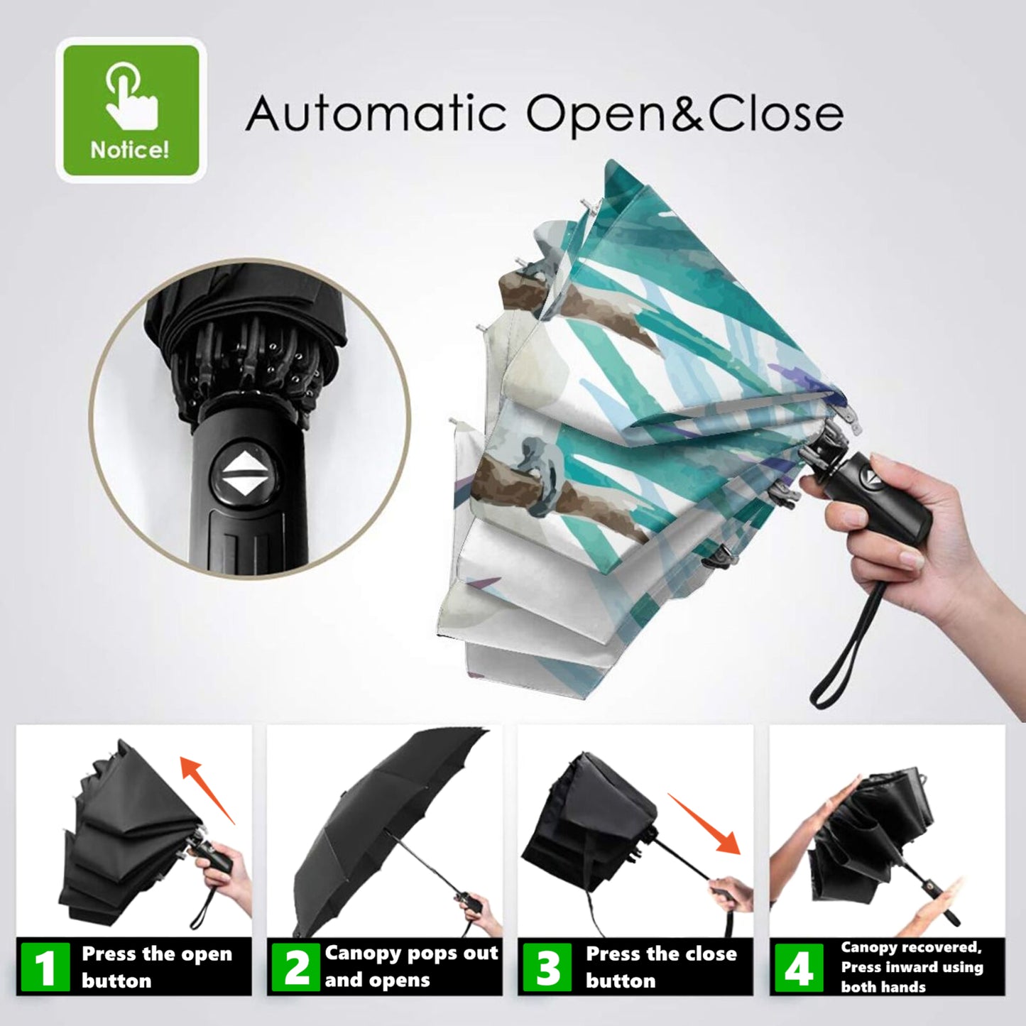 Faltbarer Regenschirm mit weißem Papageiendruck innen