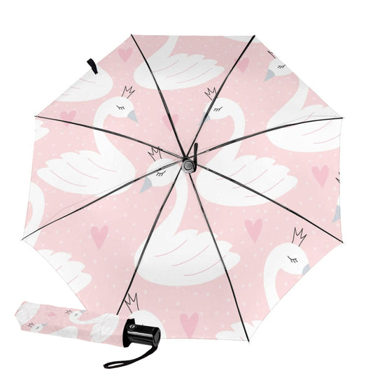 Kleiner, kompakter Regenschirm mit weißem Schwanen-Print auf der Innenseite