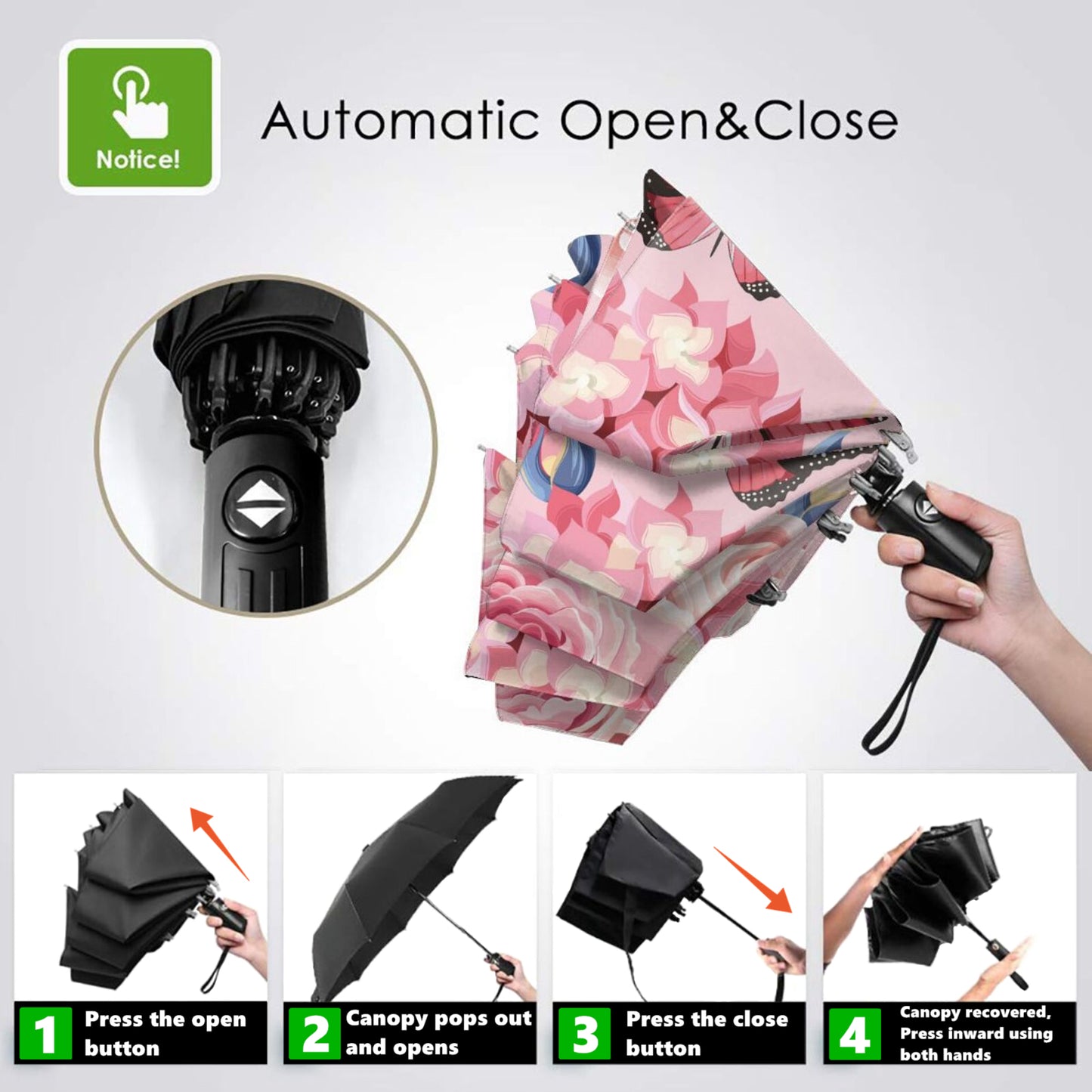 Kleiner kompakter Regenschirm mit Blume und Schmetterling im Inneren