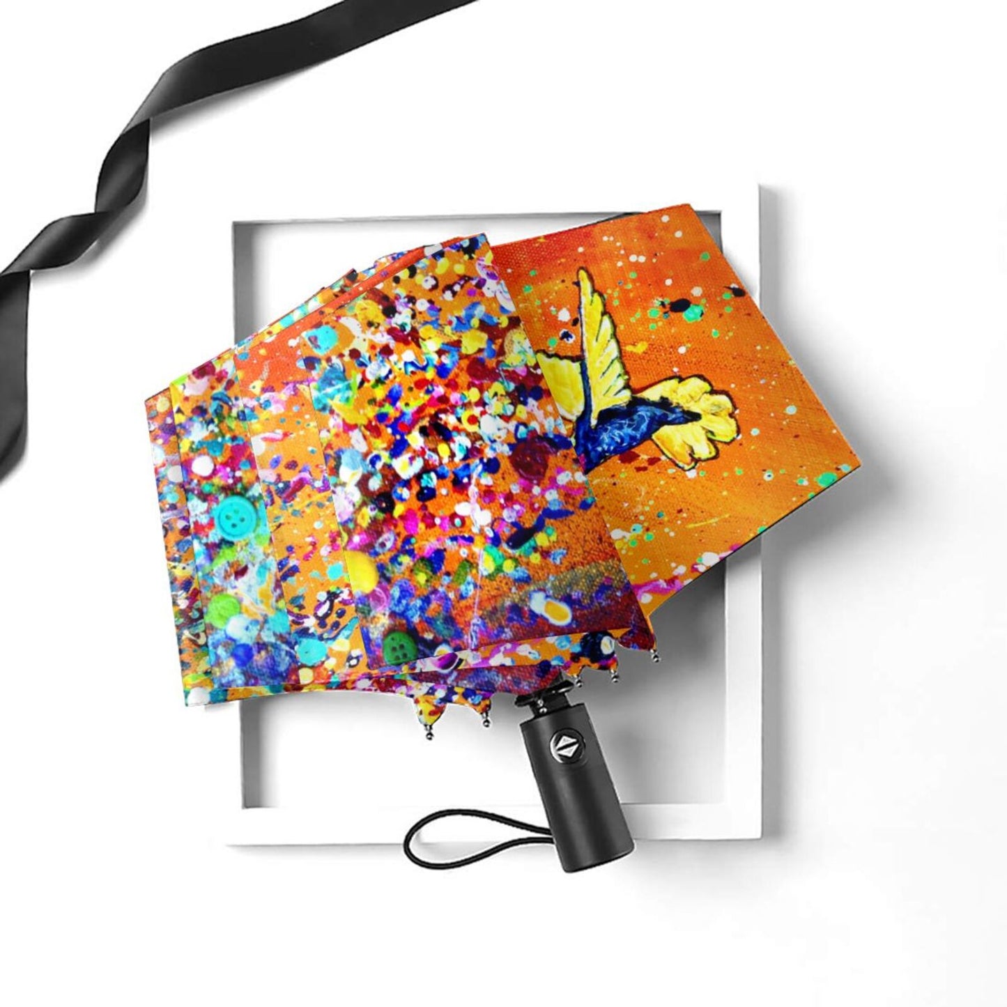 Parapluie pliant à motif colibri peint à l'huile