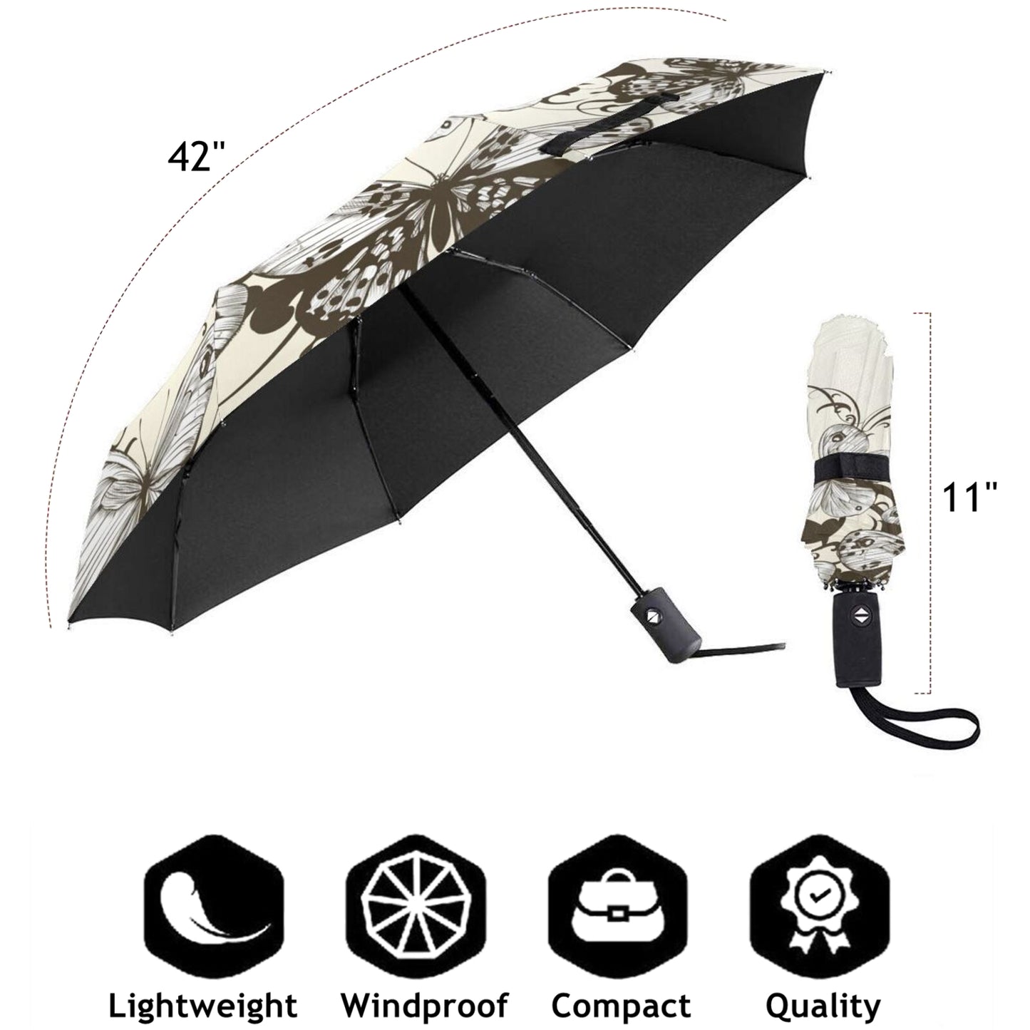 Parapluie de voyage pliable papillon noir et blanc