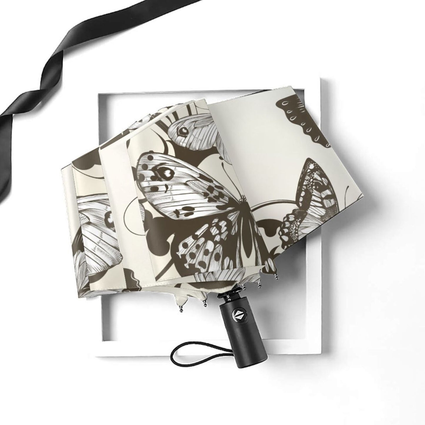 Parapluie de voyage pliable papillon noir et blanc