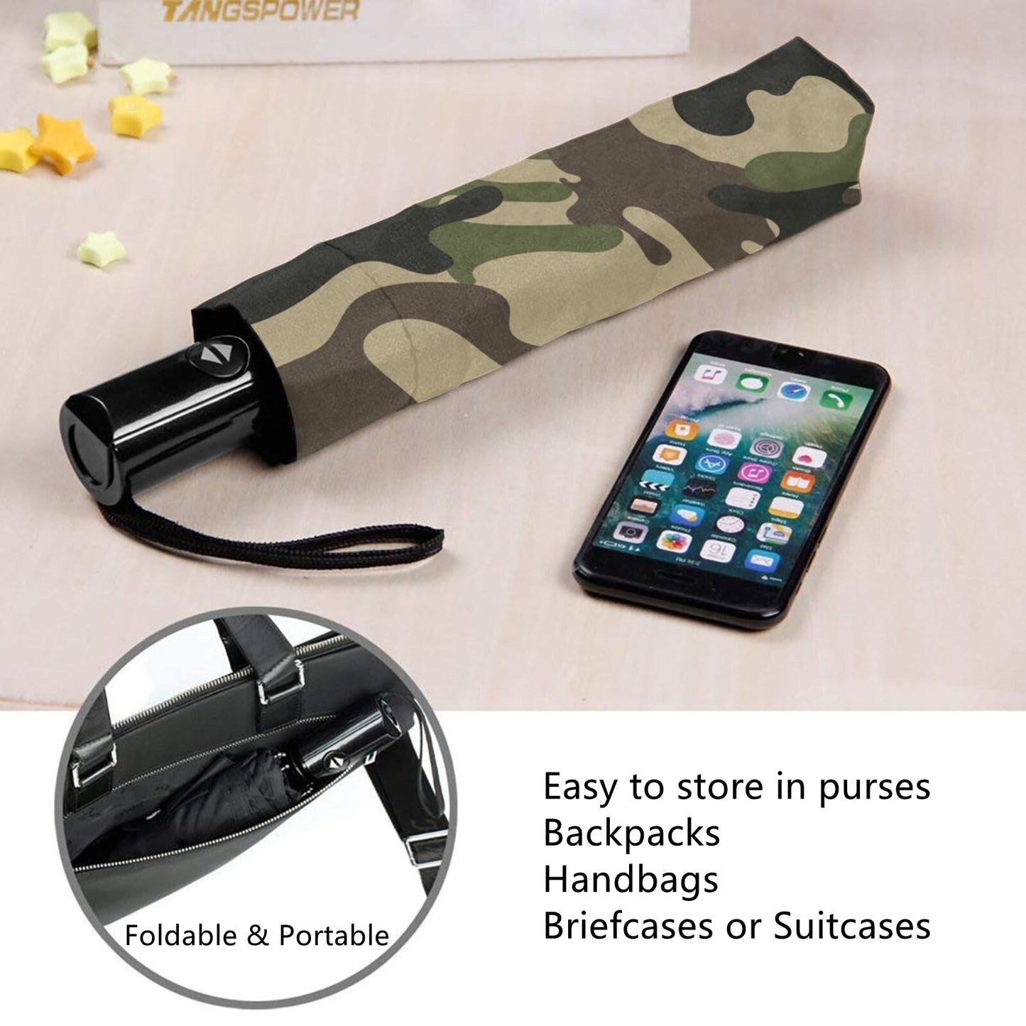 Camouflage-Design im Inneren des kleinen, kompakten Regenschirms