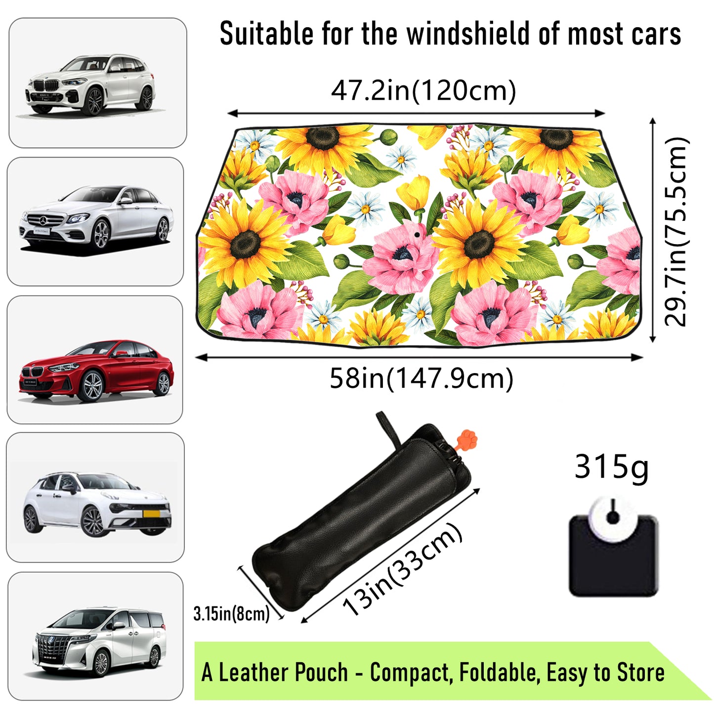 Schöner Sonnenschutz für die Windschutzscheibe des Autos mit Sonnenblumenmotiv