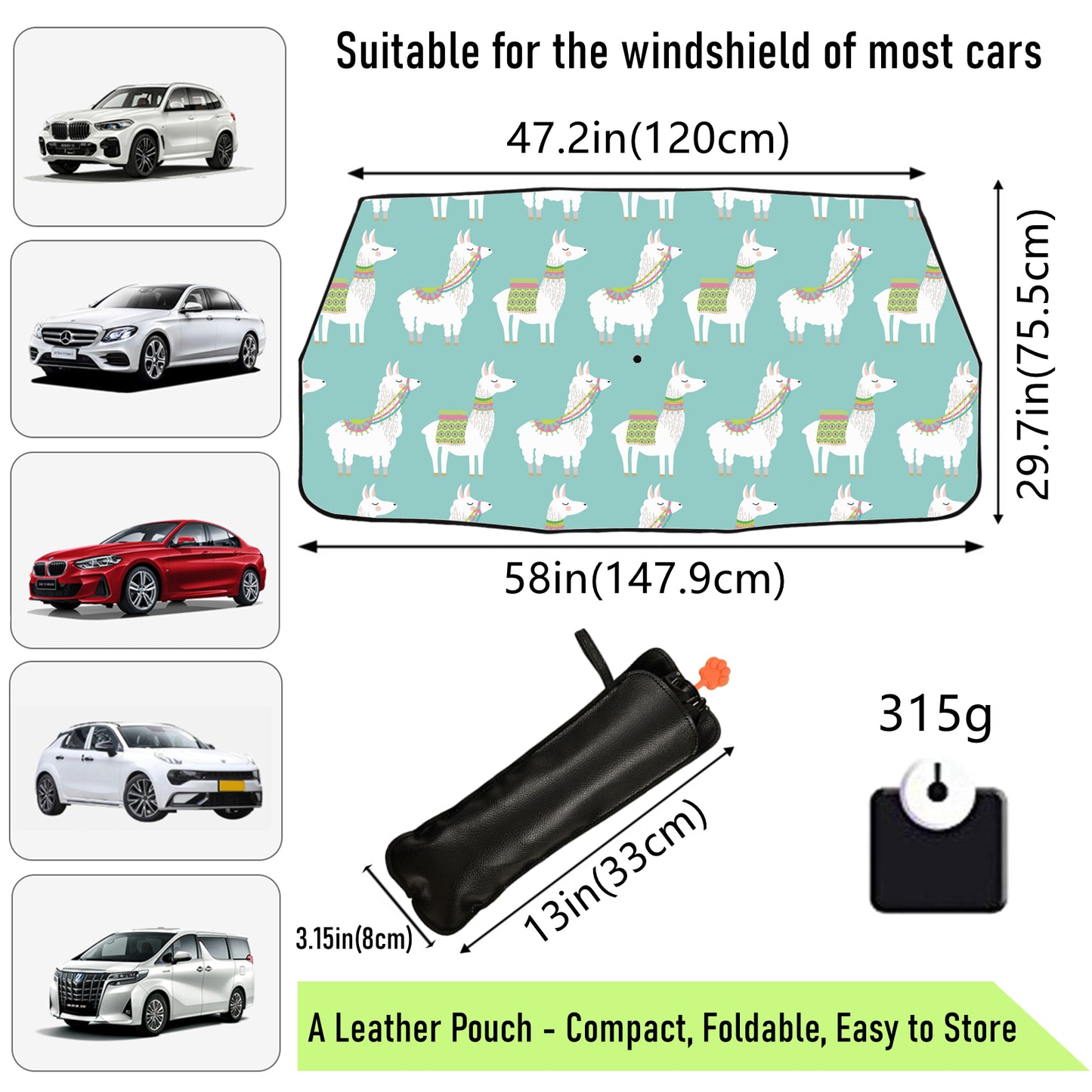 Alpaka-Sonnenschutz für die Windschutzscheibe des Autos