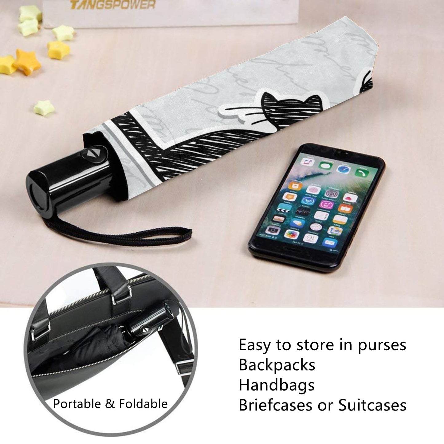 Kompakter Regenschirm mit Katzendesign im Inneren