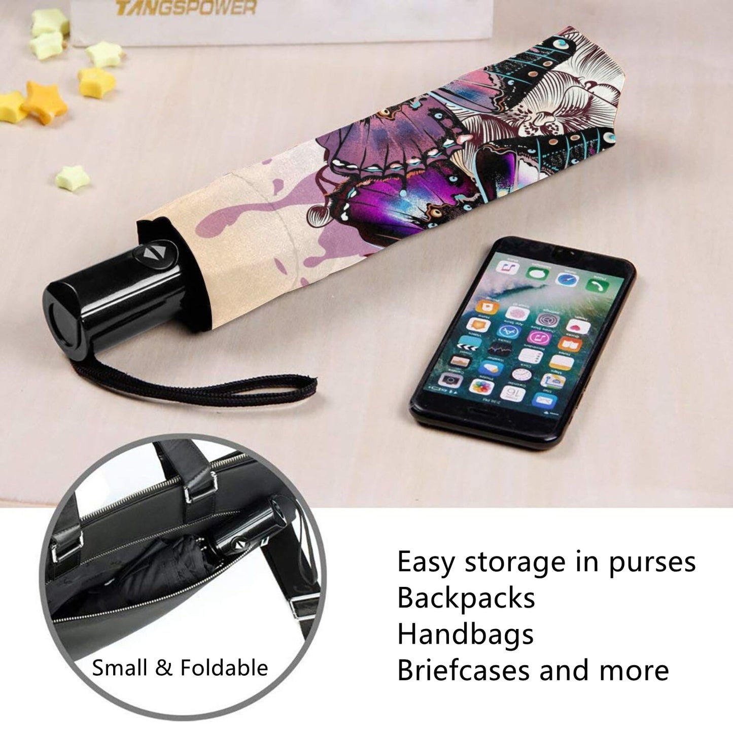 Lila Faltbarer Regenschirm mit Schmetterlingsdruck auf der Innenseite