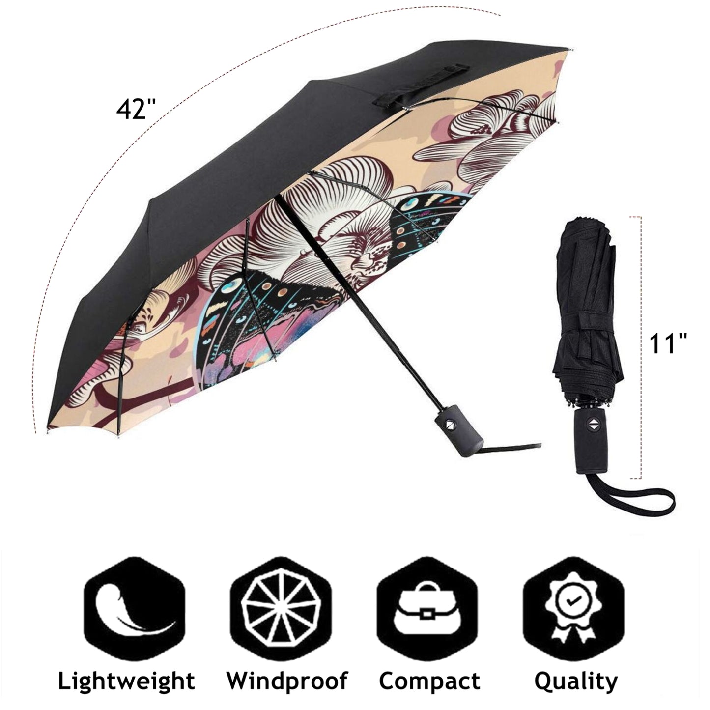 Lila Faltbarer Regenschirm mit Schmetterlingsdruck auf der Innenseite