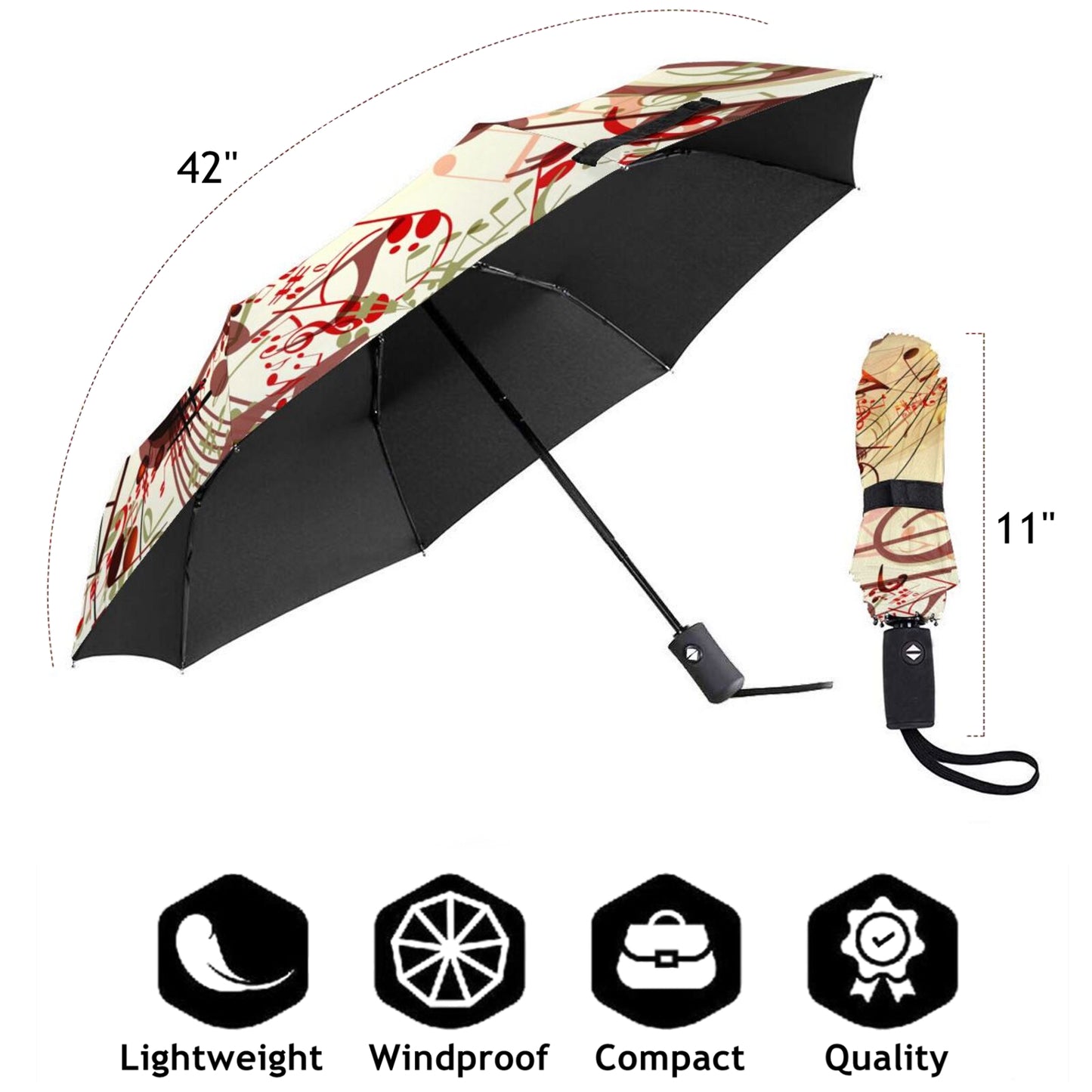Parapluie pliable compact à motif de notes de musique