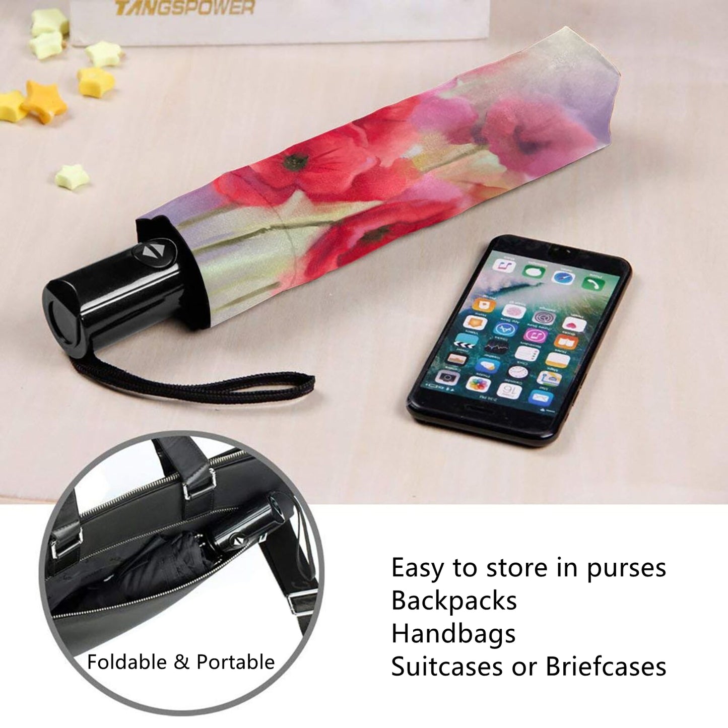 Faltbarer Reiseschirm mit rotem Blumendruck innen