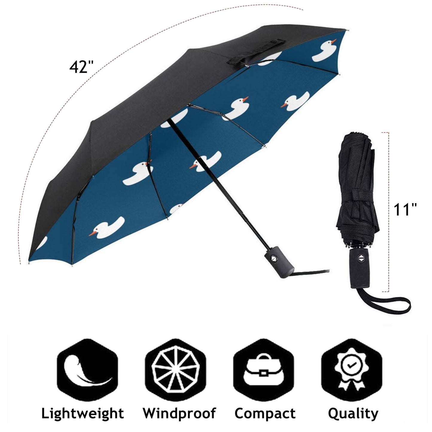Kleiner, kompakter Regenschirm mit Entenmotiv auf der Innenseite