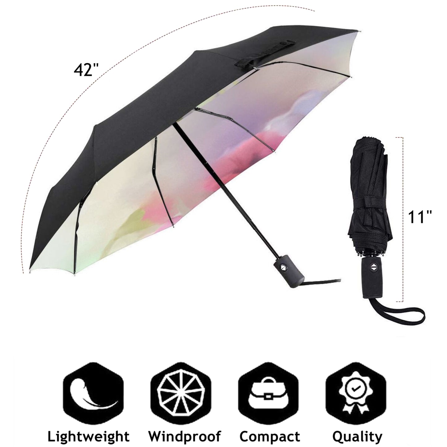 Faltbarer Reiseschirm mit rotem Blumendruck innen