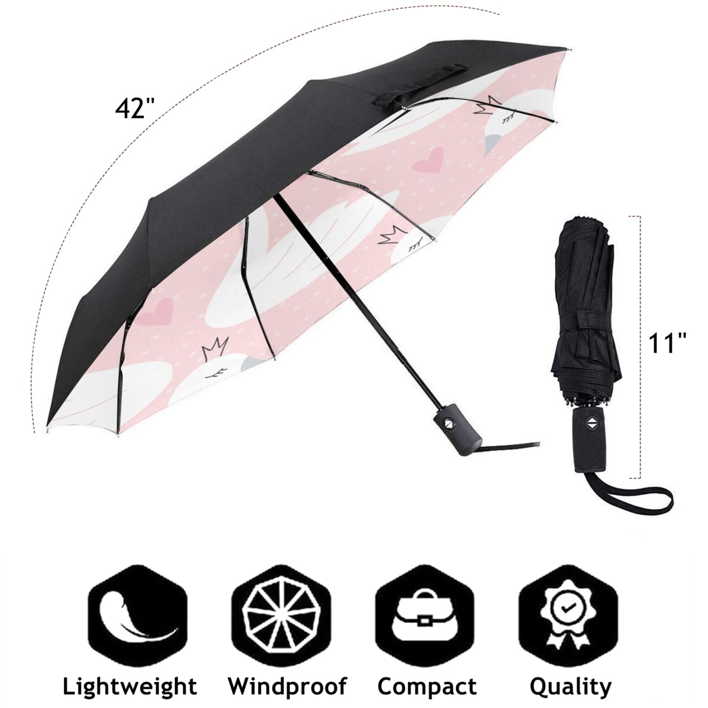 Kleiner, kompakter Regenschirm mit weißem Schwanen-Print auf der Innenseite