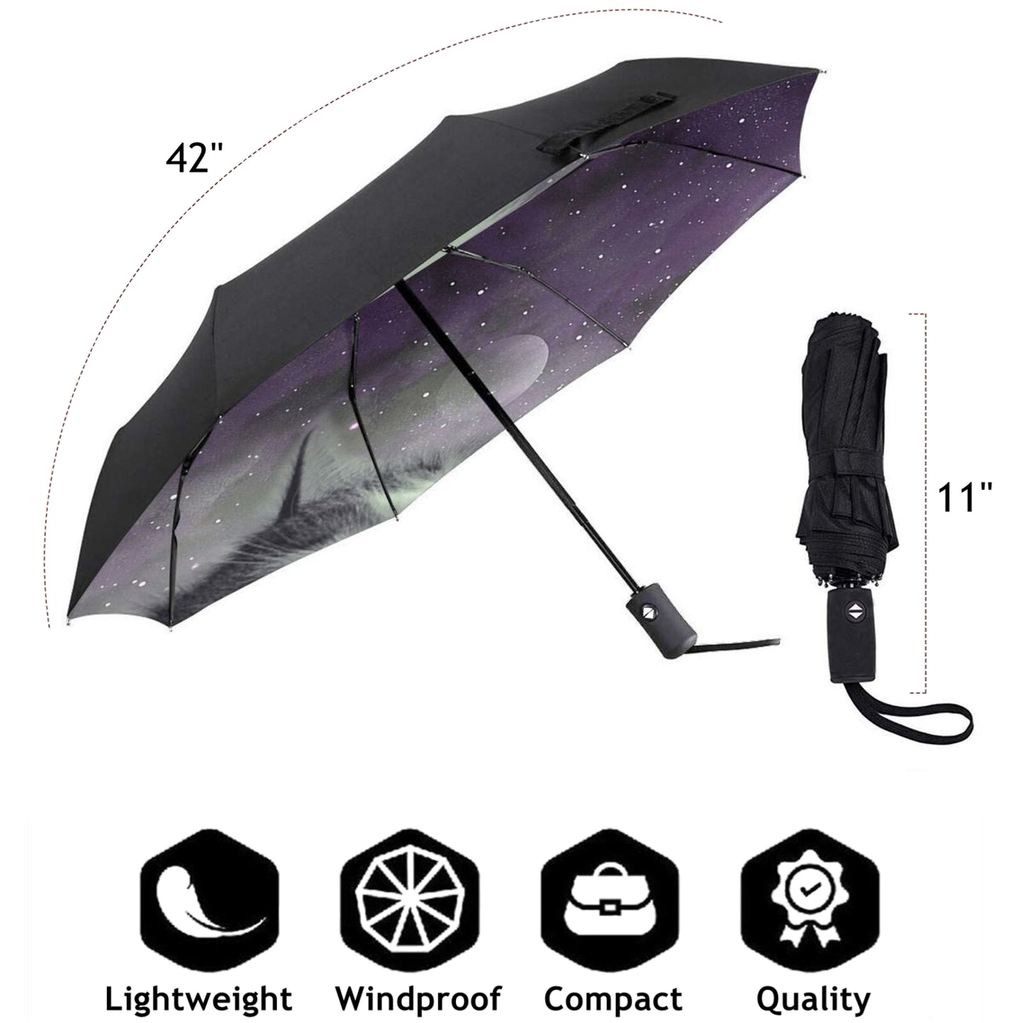 Petit parapluie pliable avec motif chat spatial à l'intérieur